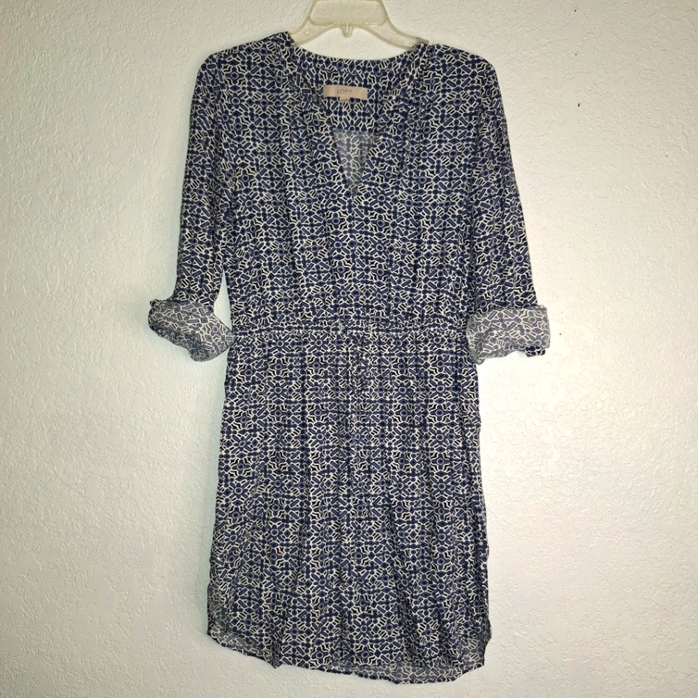 Loft blue geometric sundress Cinch waist long sleeve swing dress Medium - Picture 1 of 13